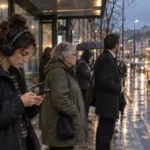 Personas esperando el autobús bajo la lluvia al anochecer