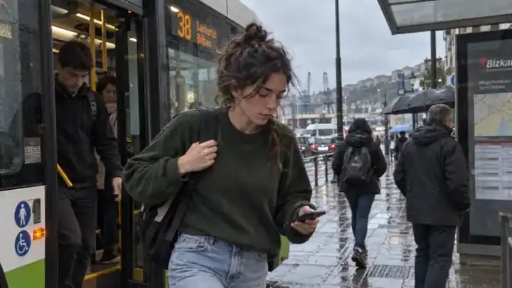 Mujer esperando el autobús mientras consulta el teléfono