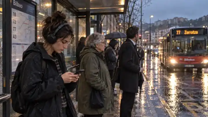 Personas esperando el autobús bajo la lluvia al anochecer