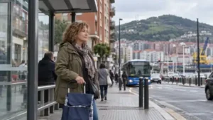 Mujer de pie en una calle cercana al puerto