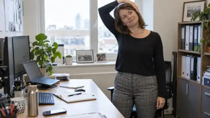 Mujer realizando un estiramiento suave de cuello en la oficina