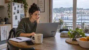 Mujer joven trabajando con el portátil en casa