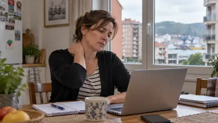 Mujer trabajando con el portátil mientras se toca el cuello