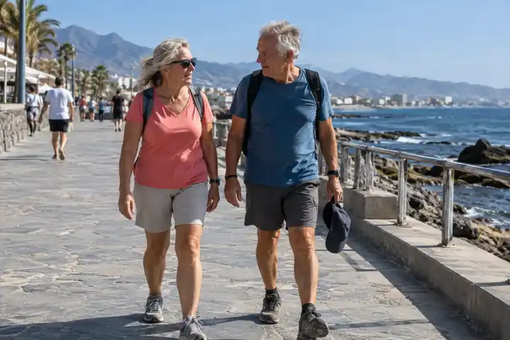 Pareja mayor caminando junto al mar