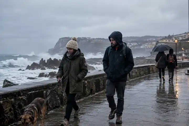 Pareja caminando junto a una costa con oleaje