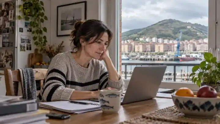 Mujer trabajando con el portátil en una mesa de casa