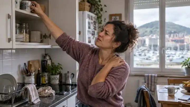 Mujer alcanzando una balda alta en casa