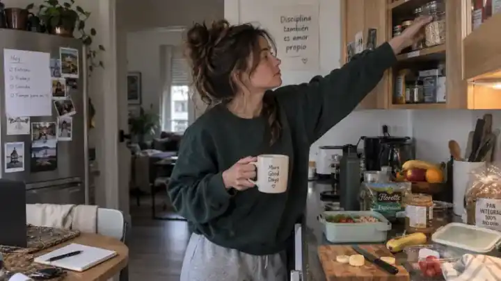 Mujer preparando el desayuno mientras alcanza un armario alto