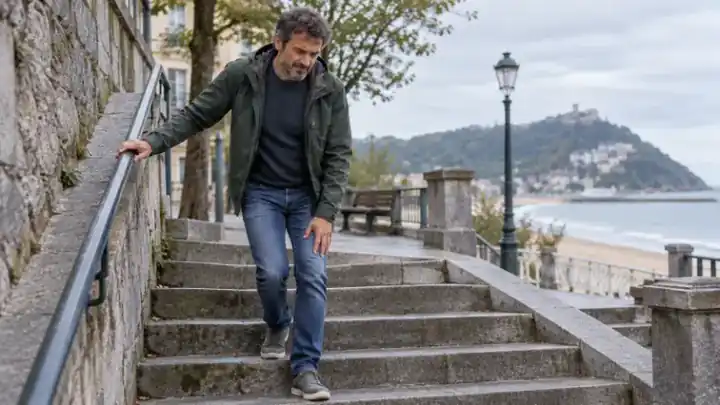 Hombre bajando unas escaleras de piedra en un día húmedo