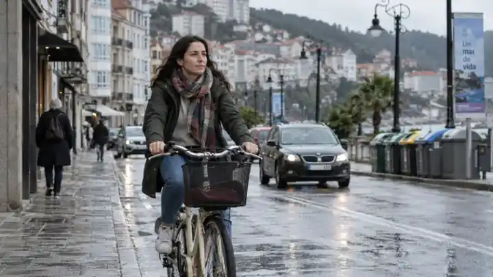 Mujer desplazándose en bicicleta por una calle mojada