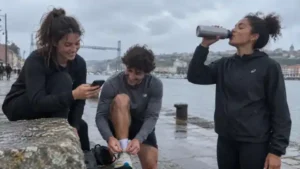 Tres jóvenes descansando después de entrenar junto al agua