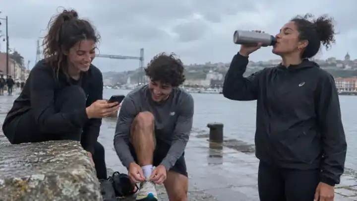 Tres jóvenes descansando después de entrenar junto al agua