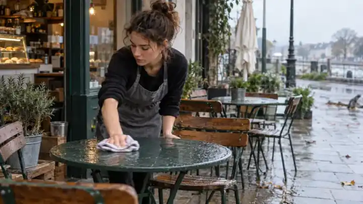 Trabajadora limpiando una mesa de terraza mojada