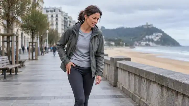 Mujer caminando junto al paseo marítimo en un día nublado