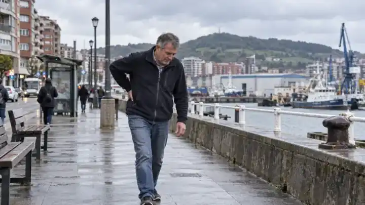 Hombre caminando junto al puerto sobre pavimento mojado