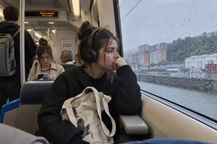 Mujer joven viajando en transporte público junto a una ventana mojada