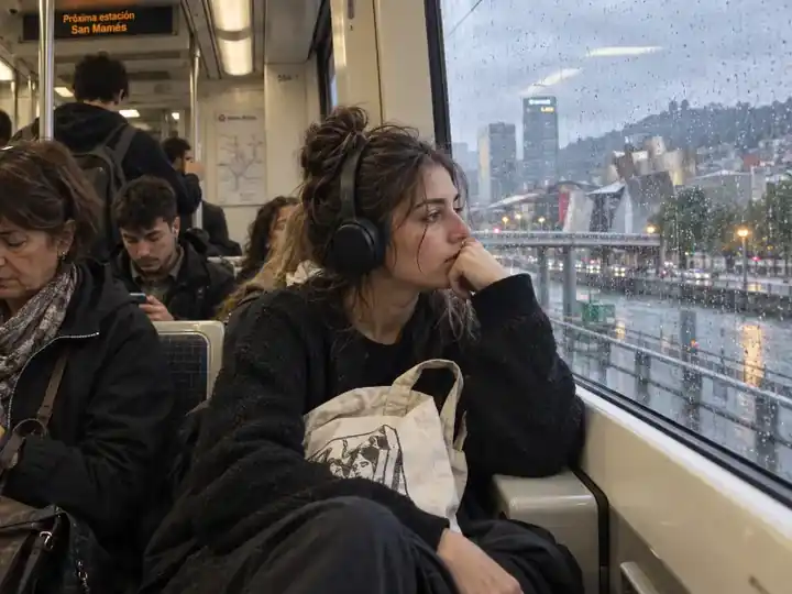 Mujer joven sentada en el transporte público mirando por la ventana