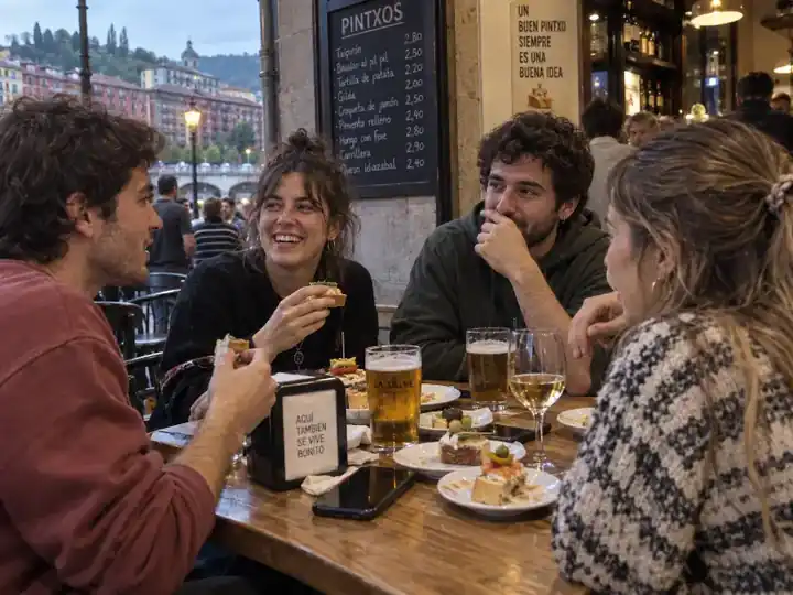 Grupo de amigos tomando pintxos y charlando en un bar