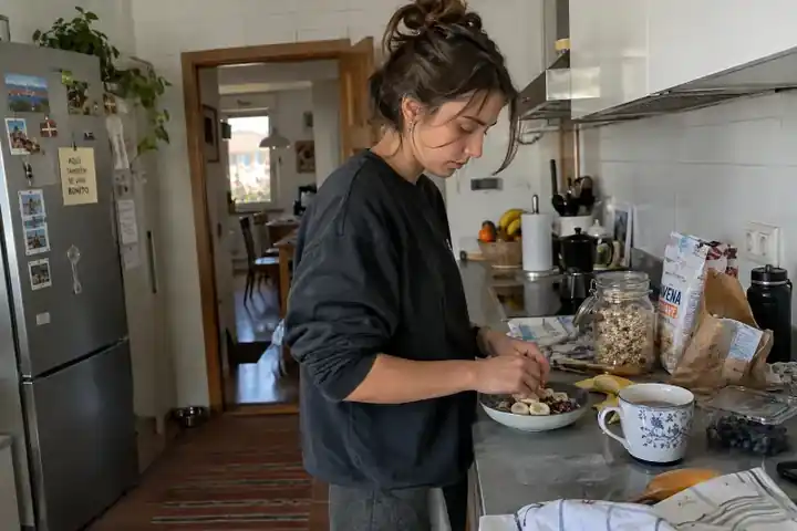 Mujer joven preparando el desayuno en su cocina