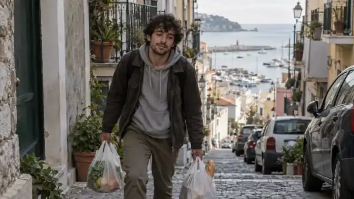 Hombre subiendo una cuesta con bolsas de la compra