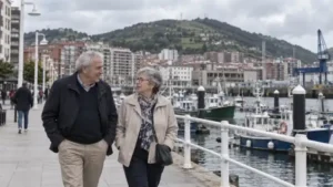 Pareja mayor caminando junto al puerto