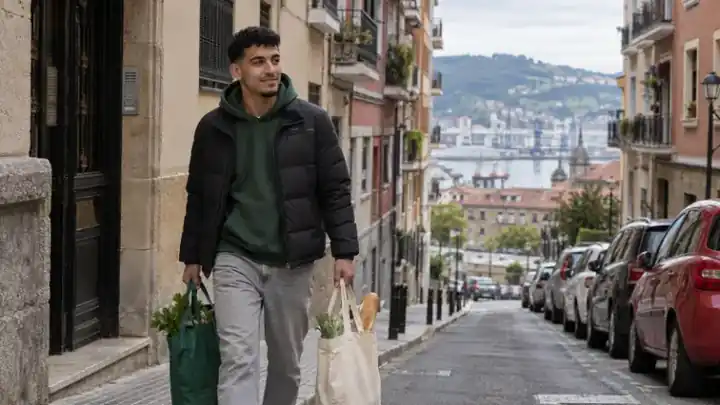 Joven subiendo una calle con bolsas de la compra
