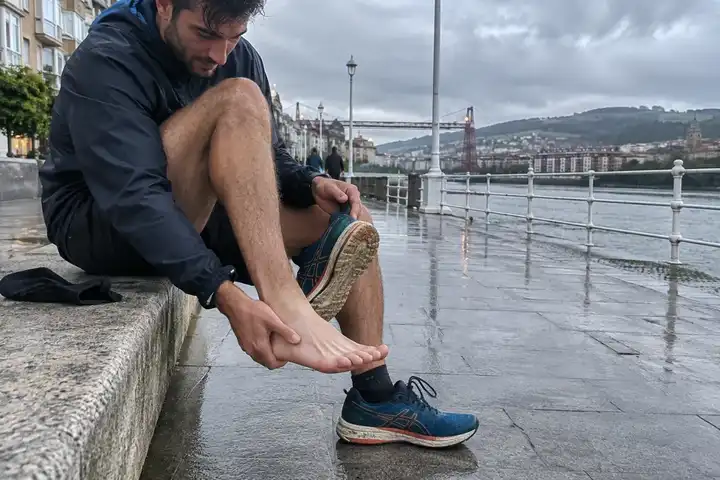 Hombre ajustándose la zapatilla junto al puerto