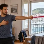 Hombre realizando un ejercicio con banda elástica en casa