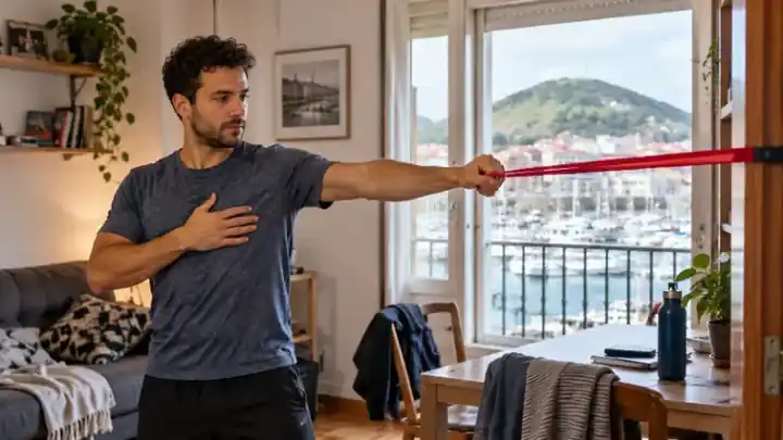 Hombre realizando un ejercicio con banda elástica en casa