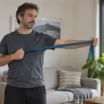 Hombre haciendo ejercicio con una banda elástica en casa