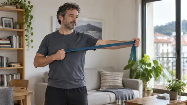 Hombre haciendo ejercicio con una banda elástica en casa