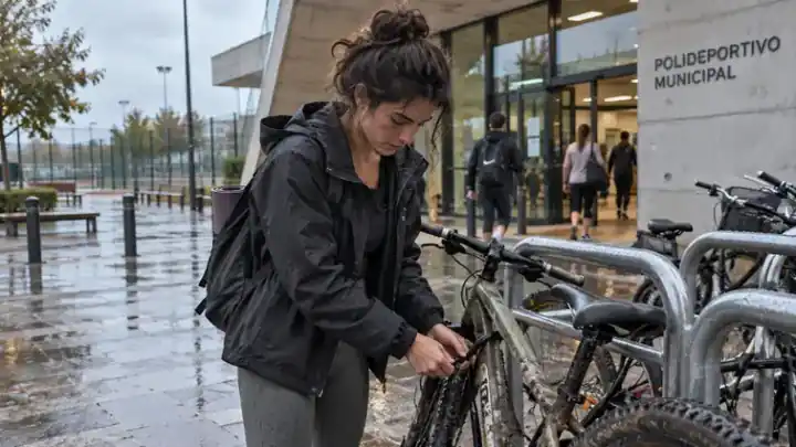 Mujer junto a su bicicleta a la salida de un polideportivo