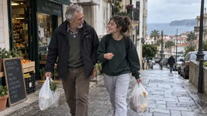 Hombre mayor y mujer joven caminando con bolsas de la compra