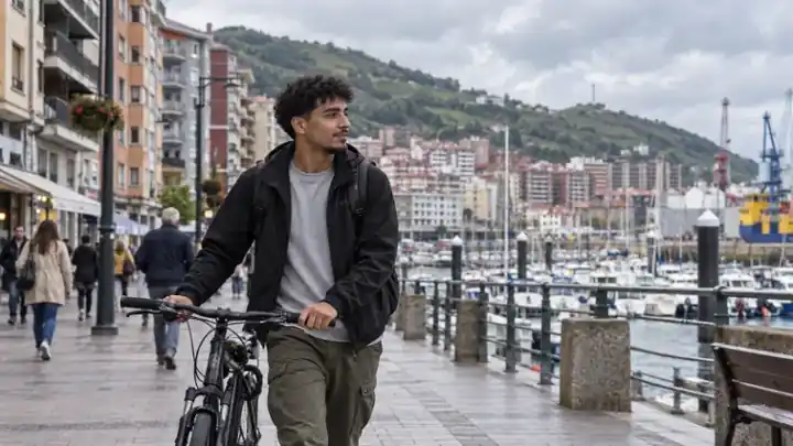 Joven caminando con una bicicleta por el paseo
