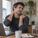 Hombre trabajando con el portátil mientras se toca el cuello
