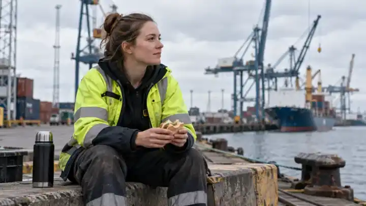 Trabajadora portuaria sentada durante una pausa