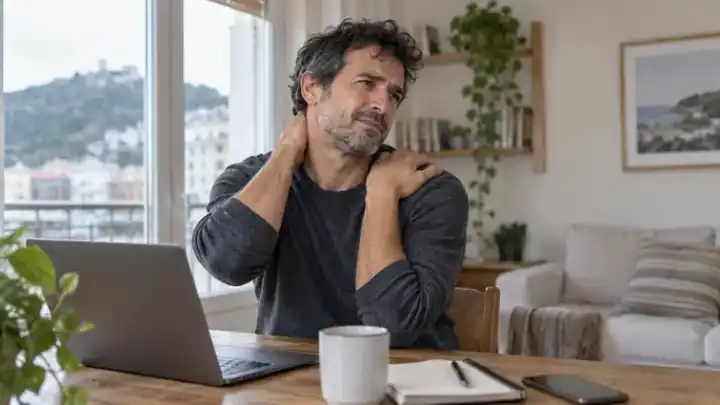 Hombre trabajando con el portátil mientras se toca el cuello