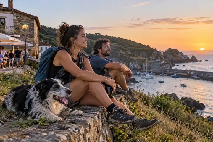 Amigos descansando con un perro al atardecer