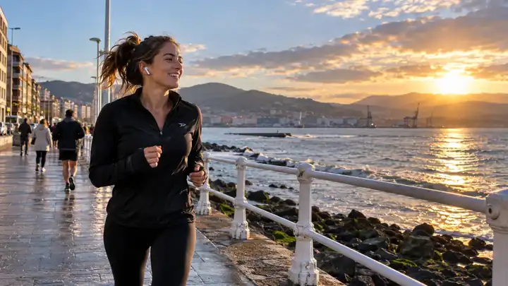 Mujer corriendo junto al paseo marítimo